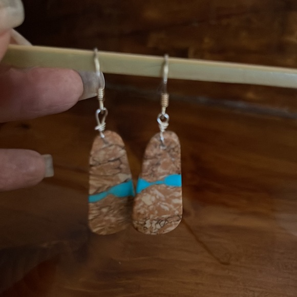 SOLD……Bolder Ribbon Turquoise Slab Earrings - Picture 5 of 5
